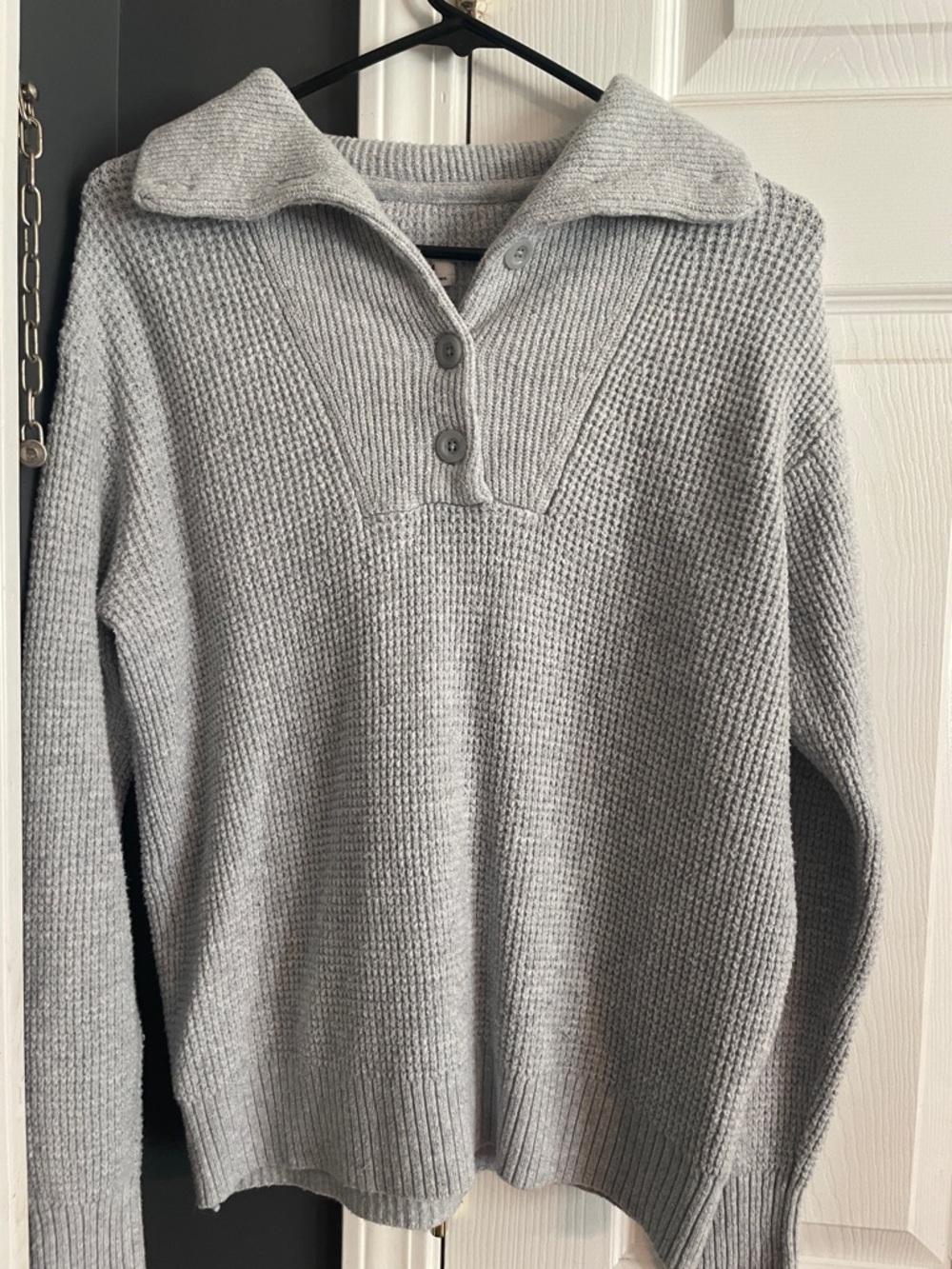 aerie Light Gray V-Neck Collared Knit Sweater